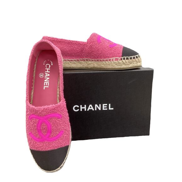 NIB Chanel Espadrilles Women SZ8 Made In Spain Fabric & Grosgrain Fuchsia &Black - Picture 2 of 9